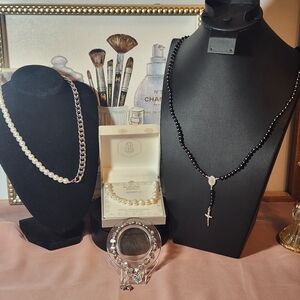 4 Pc:Freshwater Pearl Sterling Silver Necklace, Bracelet, Rosary, Cuban Link